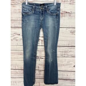 Womens Y2K Bebock for Express Distressed Embroidered Low Rise Denim Jeans 4 LONG